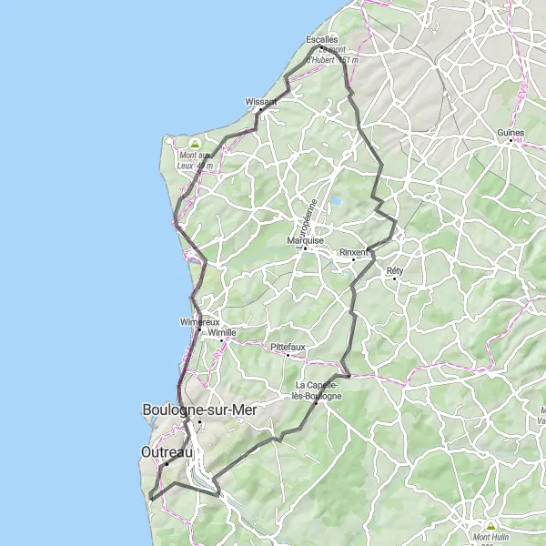 Miniature de la carte de l'inspiration cycliste "Tour des montagnes et des falaises" dans la Nord-Pas de Calais, France. Générée par le planificateur d'itinéraire cycliste Tarmacs.app