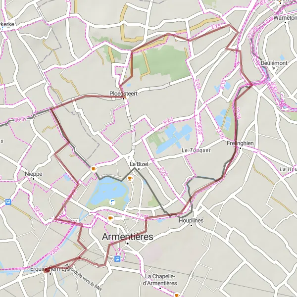 Miniature de la carte de l'inspiration cycliste "Parcours de gravel de 29 km autour de Erquinghem-Lys" dans la Nord-Pas de Calais, France. Générée par le planificateur d'itinéraire cycliste Tarmacs.app