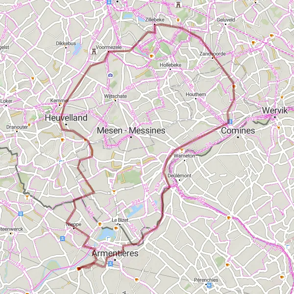 Map miniature of "Discover the beauty of Nieppe and Zillebeke on this gravel adventure" cycling inspiration in Nord-Pas de Calais, France. Generated by Tarmacs.app cycling route planner
