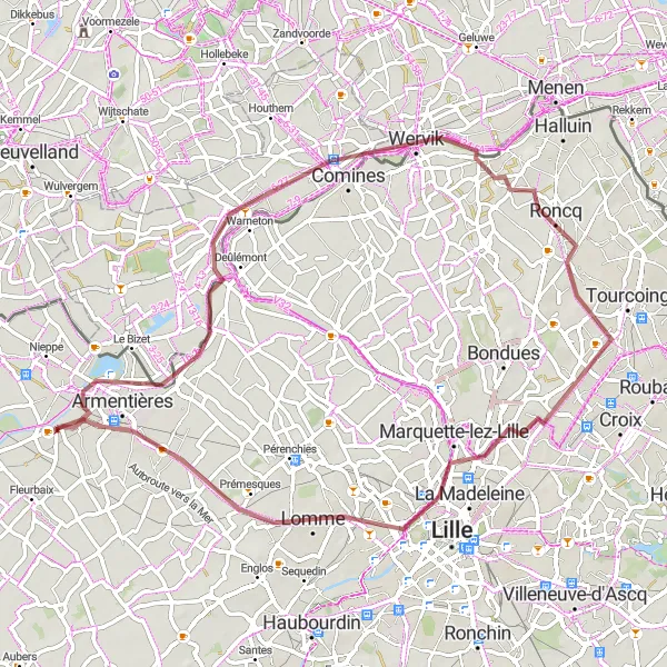 Map miniature of "Explore Houplines and Sunset Spot on this gravel route" cycling inspiration in Nord-Pas de Calais, France. Generated by Tarmacs.app cycling route planner
