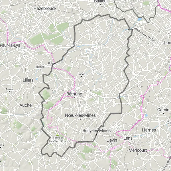 Miniature de la carte de l'inspiration cycliste "Parcours de 121 km autour d'Erquinghem-Lys" dans la Nord-Pas de Calais, France. Générée par le planificateur d'itinéraire cycliste Tarmacs.app