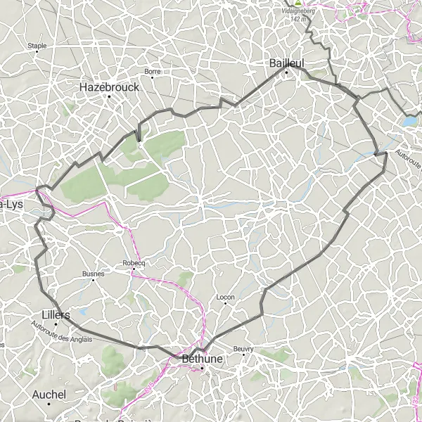 Miniature de la carte de l'inspiration cycliste "Itinéraire de 92 km près d'Erquinghem-Lys" dans la Nord-Pas de Calais, France. Générée par le planificateur d'itinéraire cycliste Tarmacs.app