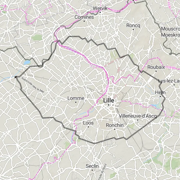 Miniature de la carte de l'inspiration cycliste "Parcours de 75 km autour de Erquinghem-Lys" dans la Nord-Pas de Calais, France. Générée par le planificateur d'itinéraire cycliste Tarmacs.app