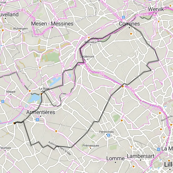Miniature de la carte de l'inspiration cycliste "Parcours autour d'Armentières" dans la Nord-Pas de Calais, France. Générée par le planificateur d'itinéraire cycliste Tarmacs.app