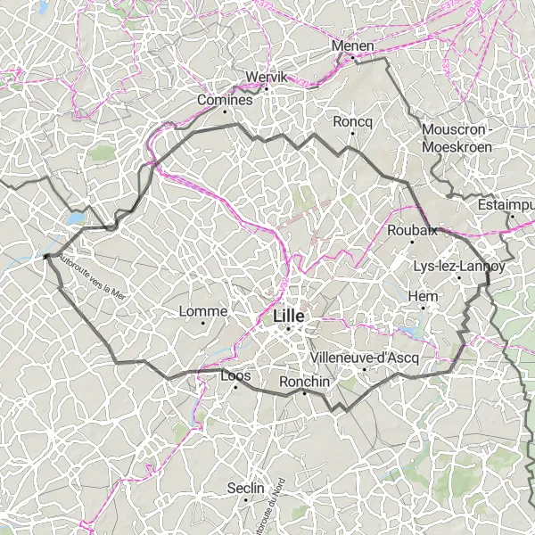 Miniature de la carte de l'inspiration cycliste "Boucle de 83 km à partir d'Erquinghem-Lys" dans la Nord-Pas de Calais, France. Générée par le planificateur d'itinéraire cycliste Tarmacs.app