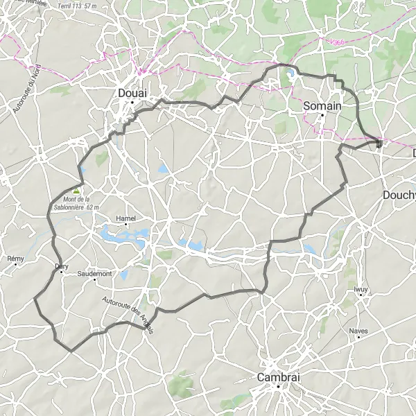 Map miniature of "Escaudain to Marquette-en-Ostrevant and Noyelles-sous-Bellonne Road Cycling Adventure" cycling inspiration in Nord-Pas de Calais, France. Generated by Tarmacs.app cycling route planner