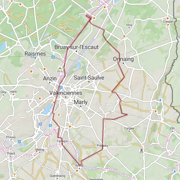 Miniature de la carte de l'inspiration cycliste "Randonnée gravel d'Onnaing à Bruay-sur-l'Escaut" dans la Nord-Pas de Calais, France. Générée par le planificateur d'itinéraire cycliste Tarmacs.app