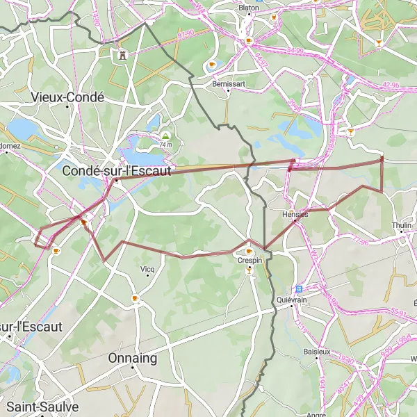 Miniature de la carte de l'inspiration cycliste "Boucle des Chemins Gravel" dans la Nord-Pas de Calais, France. Générée par le planificateur d'itinéraire cycliste Tarmacs.app