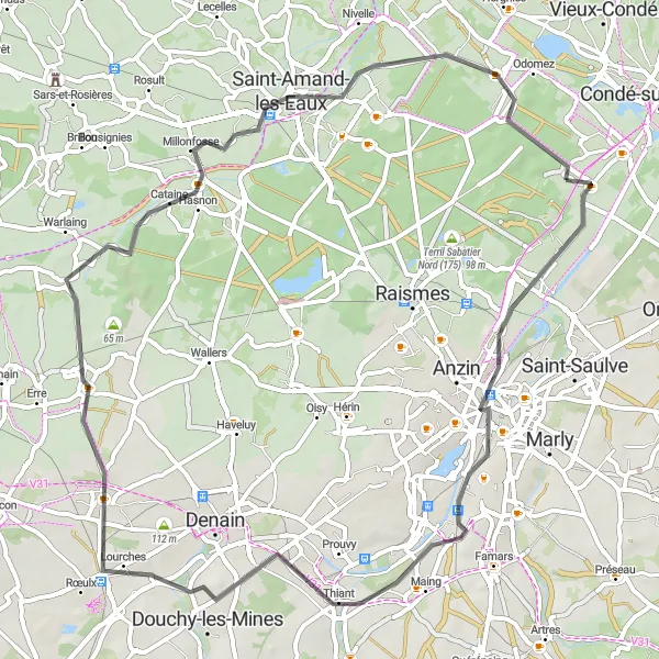 Map miniature of "Valenciennes - Escautpont Loop" cycling inspiration in Nord-Pas de Calais, France. Generated by Tarmacs.app cycling route planner