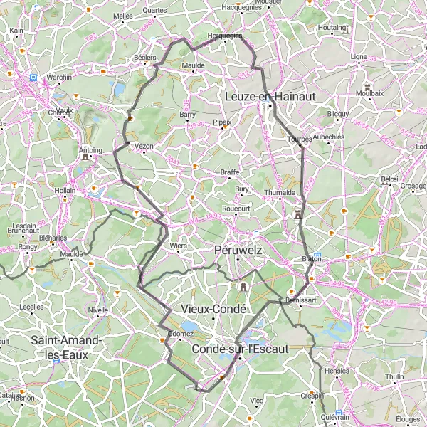 Miniature de la carte de l'inspiration cycliste "Parcours road de Bruille-Saint-Amand à Condé-sur-l'Escaut" dans la Nord-Pas de Calais, France. Générée par le planificateur d'itinéraire cycliste Tarmacs.app