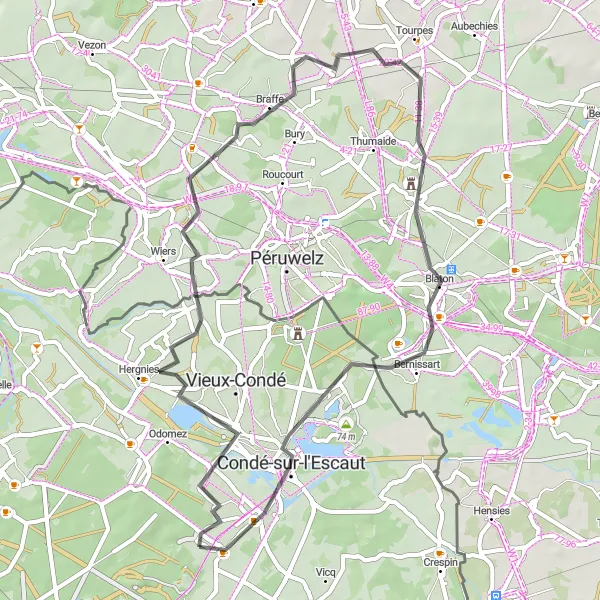 Miniature de la carte de l'inspiration cycliste "Boucle à vélo de route Escautpont" dans la Nord-Pas de Calais, France. Générée par le planificateur d'itinéraire cycliste Tarmacs.app