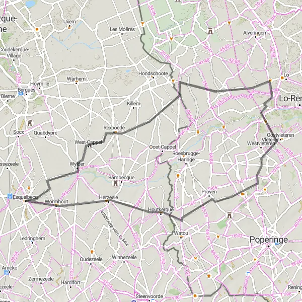 Map miniature of "Esquelbecq to Herzeele Cycling Route" cycling inspiration in Nord-Pas de Calais, France. Generated by Tarmacs.app cycling route planner