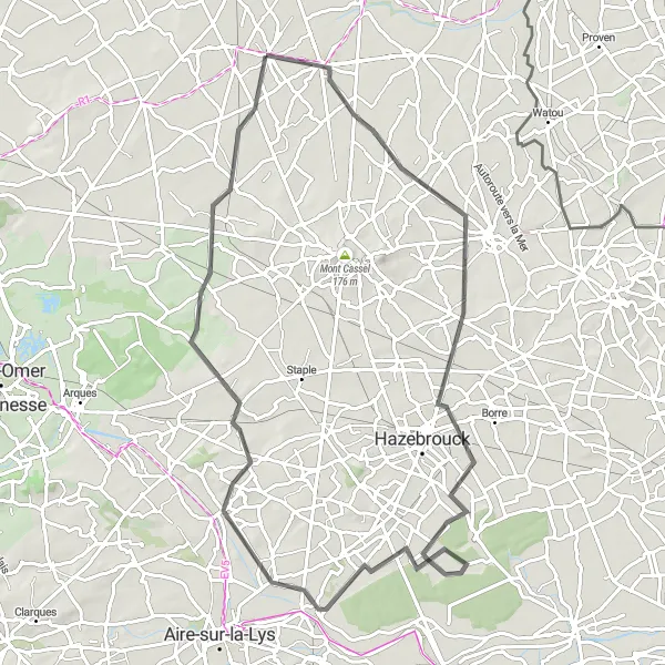 Map miniature of "Wormhout to Noordpeene Cycling Route" cycling inspiration in Nord-Pas de Calais, France. Generated by Tarmacs.app cycling route planner