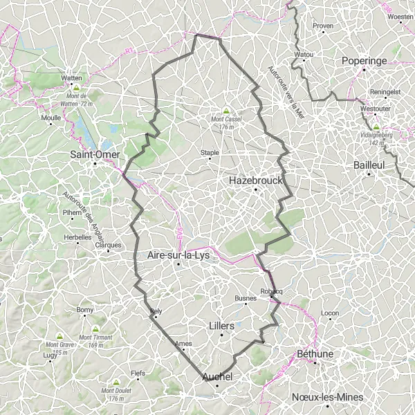 Map miniature of "Beyond Esquelbecq" cycling inspiration in Nord-Pas de Calais, France. Generated by Tarmacs.app cycling route planner