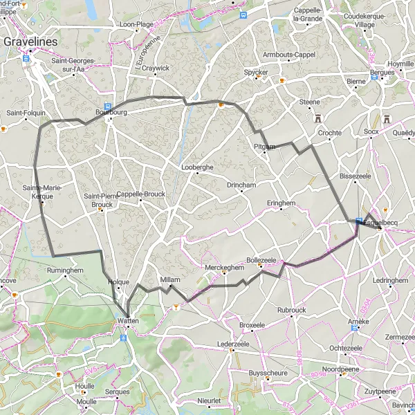 Map miniature of "Esquelbecq to Brouckerque" cycling inspiration in Nord-Pas de Calais, France. Generated by Tarmacs.app cycling route planner