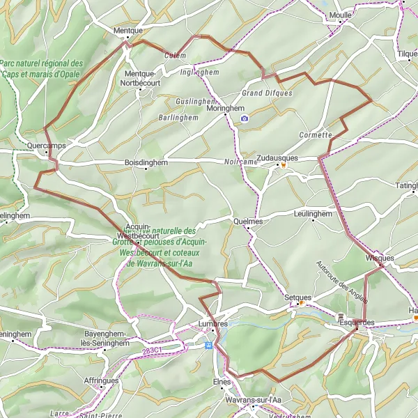 Miniature de la carte de l'inspiration cycliste "Aventure dans les collines de Lumbres" dans la Nord-Pas de Calais, France. Générée par le planificateur d'itinéraire cycliste Tarmacs.app