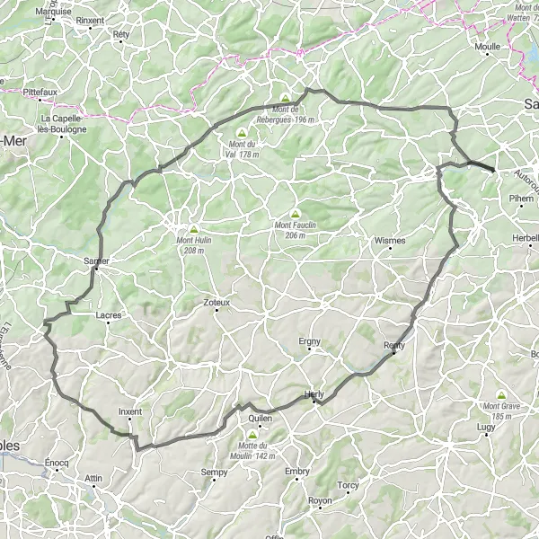 Miniature de la carte de l'inspiration cycliste "Escapade à Tingry et ses environs" dans la Nord-Pas de Calais, France. Générée par le planificateur d'itinéraire cycliste Tarmacs.app