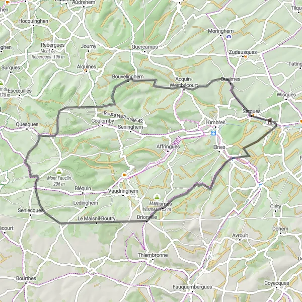 Miniature de la carte de l'inspiration cycliste "Les Routes de l'Artois" dans la Nord-Pas de Calais, France. Générée par le planificateur d'itinéraire cycliste Tarmacs.app