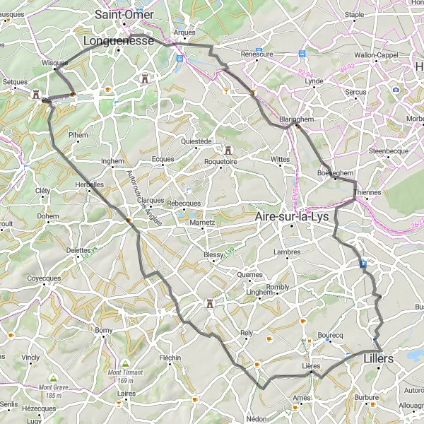 Miniature de la carte de l'inspiration cycliste "Exploration de la Poudrerie d'Esquerdes" dans la Nord-Pas de Calais, France. Générée par le planificateur d'itinéraire cycliste Tarmacs.app