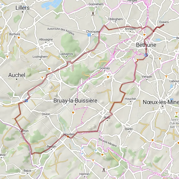 Miniature de la carte de l'inspiration cycliste "Les Chemins de Terre" dans la Nord-Pas de Calais, France. Générée par le planificateur d'itinéraire cycliste Tarmacs.app