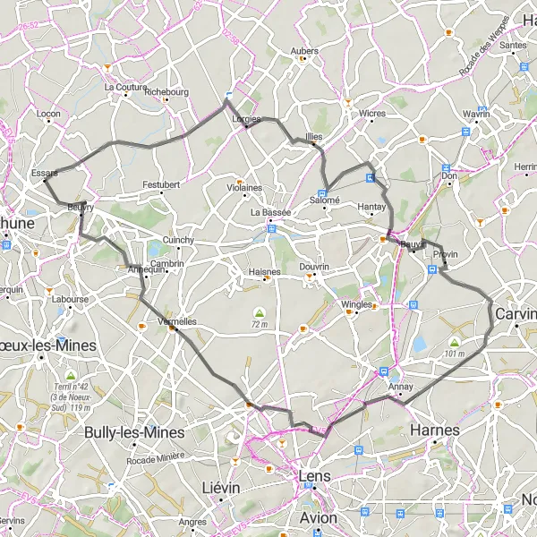 Miniature de la carte de l'inspiration cycliste "Les Vallées du Pas-de-Calais" dans la Nord-Pas de Calais, France. Générée par le planificateur d'itinéraire cycliste Tarmacs.app
