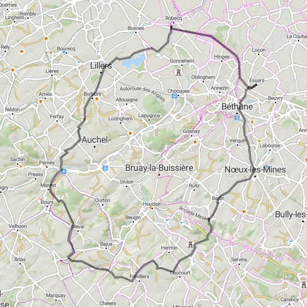 Miniature de la carte de l'inspiration cycliste "La Route des Collines" dans la Nord-Pas de Calais, France. Générée par le planificateur d'itinéraire cycliste Tarmacs.app