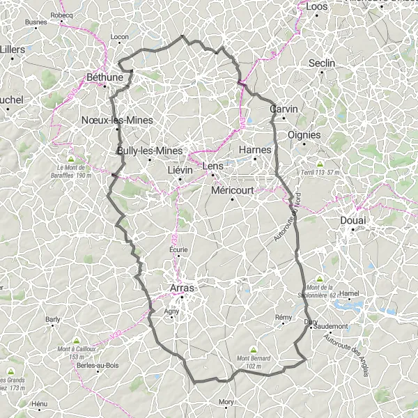 Miniature de la carte de l'inspiration cycliste "Les Monts du Nord" dans la Nord-Pas de Calais, France. Générée par le planificateur d'itinéraire cycliste Tarmacs.app