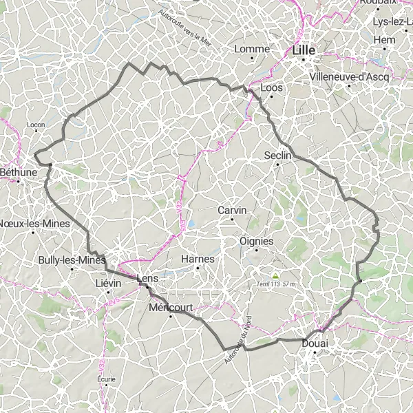 Map miniature of "Into the Hills of Essars" cycling inspiration in Nord-Pas de Calais, France. Generated by Tarmacs.app cycling route planner