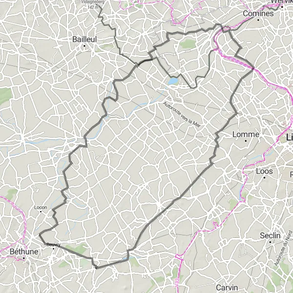 Miniature de la carte de l'inspiration cycliste "Boucle à vélo pittoresque près d'Essars" dans la Nord-Pas de Calais, France. Générée par le planificateur d'itinéraire cycliste Tarmacs.app