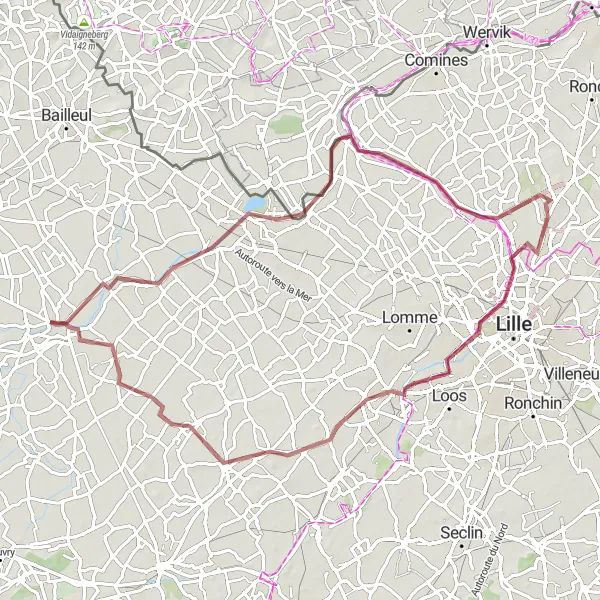 Miniature de la carte de l'inspiration cycliste "Les Chemins de Gravel autour de Lys" dans la Nord-Pas de Calais, France. Générée par le planificateur d'itinéraire cycliste Tarmacs.app