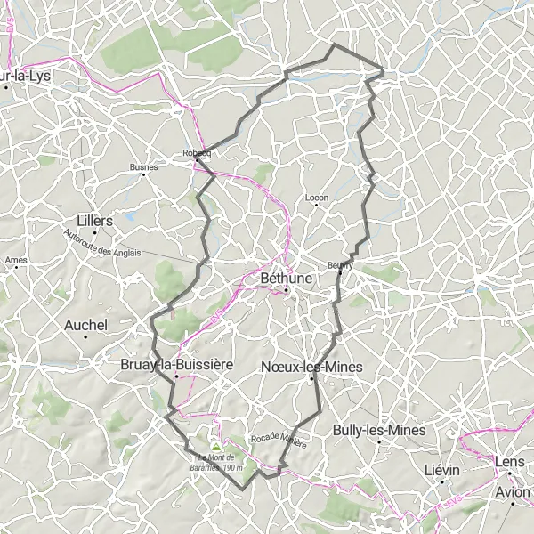 Miniature de la carte de l'inspiration cycliste "Le Mont de Baraffles et la Lys" dans la Nord-Pas de Calais, France. Générée par le planificateur d'itinéraire cycliste Tarmacs.app