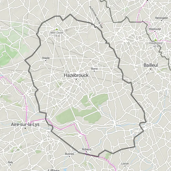 Miniature de la carte de l'inspiration cycliste "Les Vallées et Monts du Nord" dans la Nord-Pas de Calais, France. Générée par le planificateur d'itinéraire cycliste Tarmacs.app