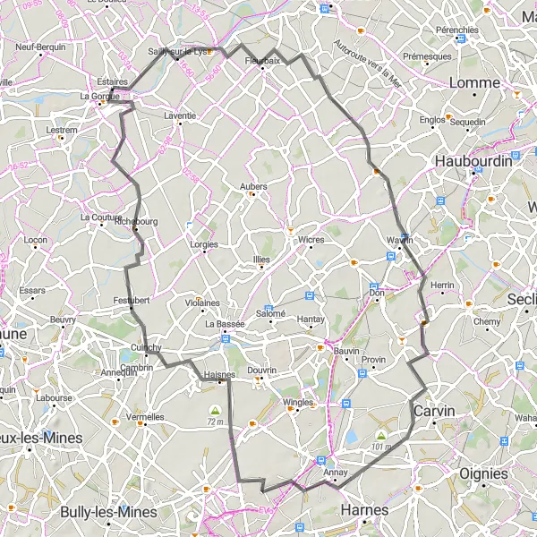 Miniature de la carte de l'inspiration cycliste "Balade champêtre autour de Lille" dans la Nord-Pas de Calais, France. Générée par le planificateur d'itinéraire cycliste Tarmacs.app