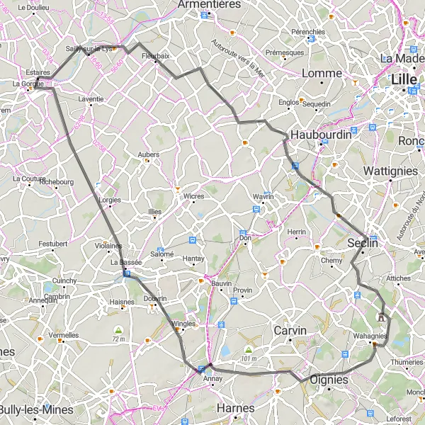 Map miniature of "Charming Villages and Panoramic Views" cycling inspiration in Nord-Pas de Calais, France. Generated by Tarmacs.app cycling route planner