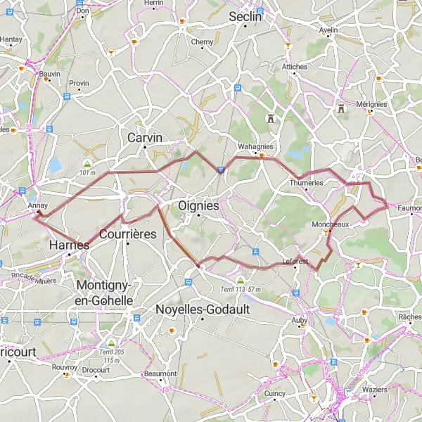 Miniature de la carte de l'inspiration cycliste "Parcours Gravel autour d'Estevelles" dans la Nord-Pas de Calais, France. Générée par le planificateur d'itinéraire cycliste Tarmacs.app