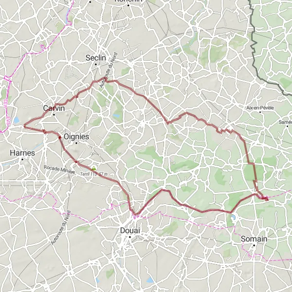 Map miniature of "Phalempin to Cité Saint-Paul Gravel Route" cycling inspiration in Nord-Pas de Calais, France. Generated by Tarmacs.app cycling route planner