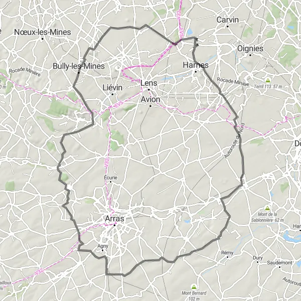 Map miniature of "Hénin-Beaumont to Pont-à-Vendin Route" cycling inspiration in Nord-Pas de Calais, France. Generated by Tarmacs.app cycling route planner
