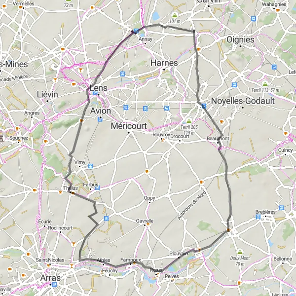 Miniature de la carte de l'inspiration cycliste "Route des Terrils en Route" dans la Nord-Pas de Calais, France. Générée par le planificateur d'itinéraire cycliste Tarmacs.app