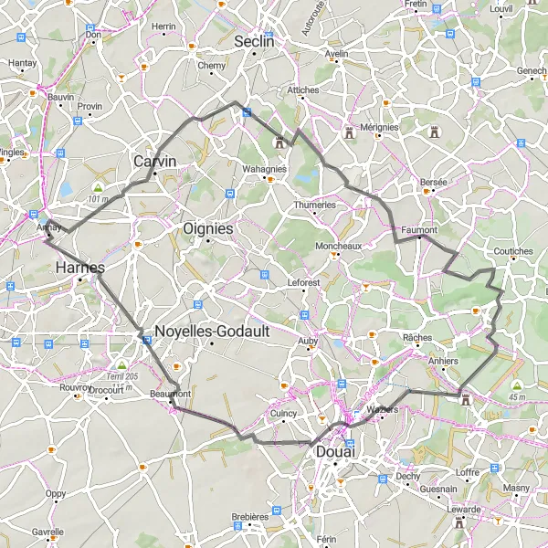 Miniature de la carte de l'inspiration cycliste "Boucle Route à travers les Villages Pittoresques" dans la Nord-Pas de Calais, France. Générée par le planificateur d'itinéraire cycliste Tarmacs.app