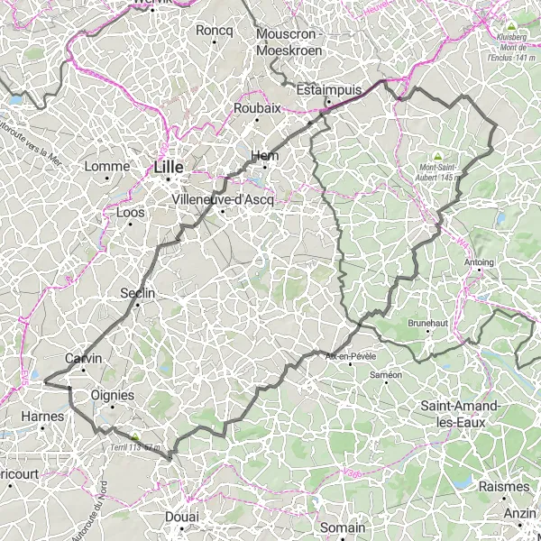 Map miniature of "Carvin to Courrières Road Route" cycling inspiration in Nord-Pas de Calais, France. Generated by Tarmacs.app cycling route planner