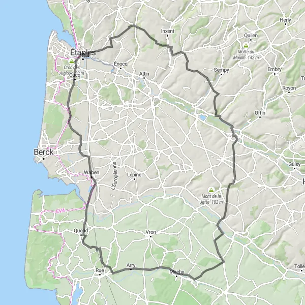 Miniature de la carte de l'inspiration cycliste "Aventure vallonnée Étaples" dans la Nord-Pas de Calais, France. Générée par le planificateur d'itinéraire cycliste Tarmacs.app