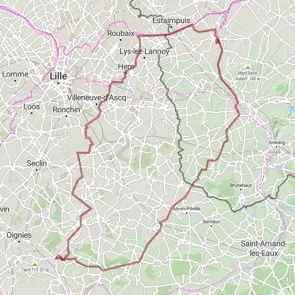 Miniature de la carte de l'inspiration cycliste "Le Tour du Nord en Gravier" dans la Nord-Pas de Calais, France. Générée par le planificateur d'itinéraire cycliste Tarmacs.app
