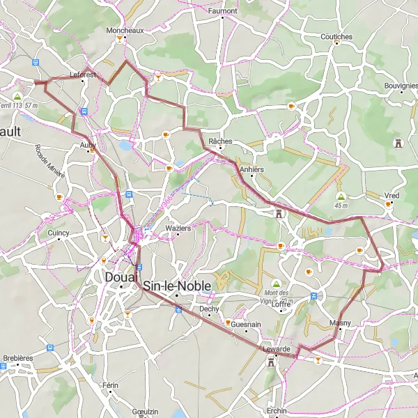 Miniature de la carte de l'inspiration cycliste "Boucle de Leforest et Douai" dans la Nord-Pas de Calais, France. Générée par le planificateur d'itinéraire cycliste Tarmacs.app