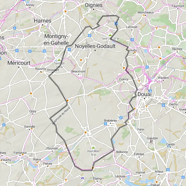 Map miniature of "Évin-Malmaison Loop" cycling inspiration in Nord-Pas de Calais, France. Generated by Tarmacs.app cycling route planner