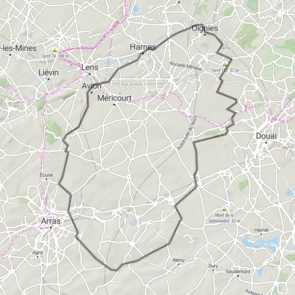 Miniature de la carte de l'inspiration cycliste "Tour des Monts autour de Lens" dans la Nord-Pas de Calais, France. Générée par le planificateur d'itinéraire cycliste Tarmacs.app