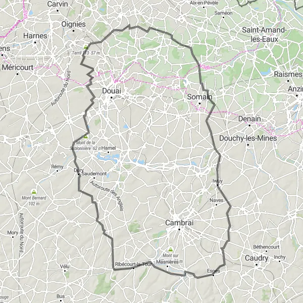 Map miniature of "Évin-Malmaison Road Tour" cycling inspiration in Nord-Pas de Calais, France. Generated by Tarmacs.app cycling route planner