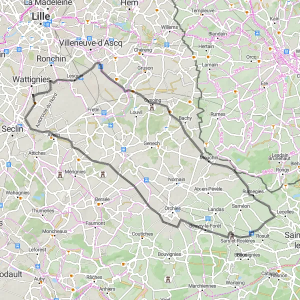 Map miniature of "Bouvines and Beyond: Faches-Thumesnil to Fort de Seclin" cycling inspiration in Nord-Pas de Calais, France. Generated by Tarmacs.app cycling route planner