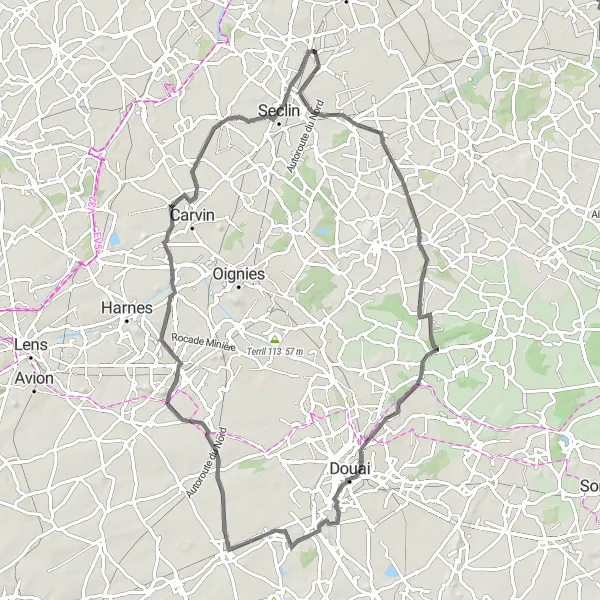 Map miniature of "The Road Warrior: Faches-Thumesnil to Gondecourt" cycling inspiration in Nord-Pas de Calais, France. Generated by Tarmacs.app cycling route planner