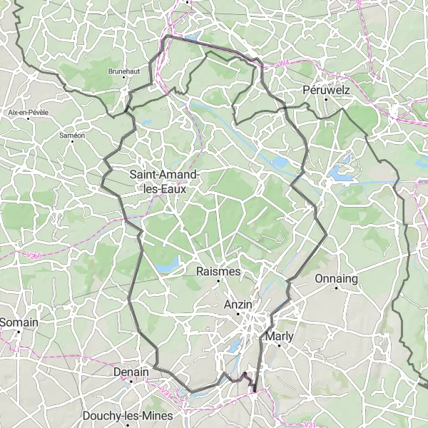 Map miniature of "Valenciennes Loop" cycling inspiration in Nord-Pas de Calais, France. Generated by Tarmacs.app cycling route planner