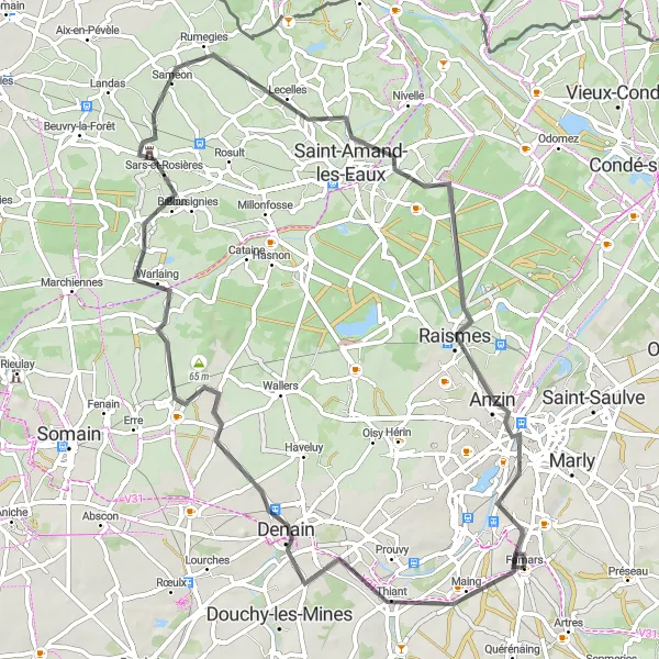 Miniature de la carte de l'inspiration cycliste "Boucle de Maing à St Amand-les-Eaux" dans la Nord-Pas de Calais, France. Générée par le planificateur d'itinéraire cycliste Tarmacs.app